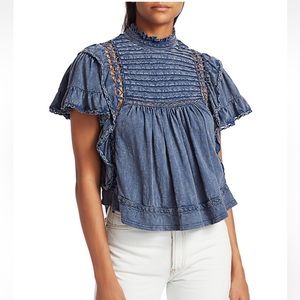 Free People Le Femme Tee Ruffle Babydoll color blue size XS